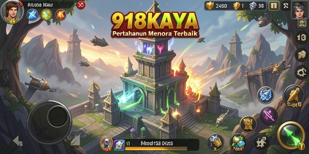 Screenshot gameplay 918KAYA menampilkan menara yang bertempur melawan gelombang musuh.