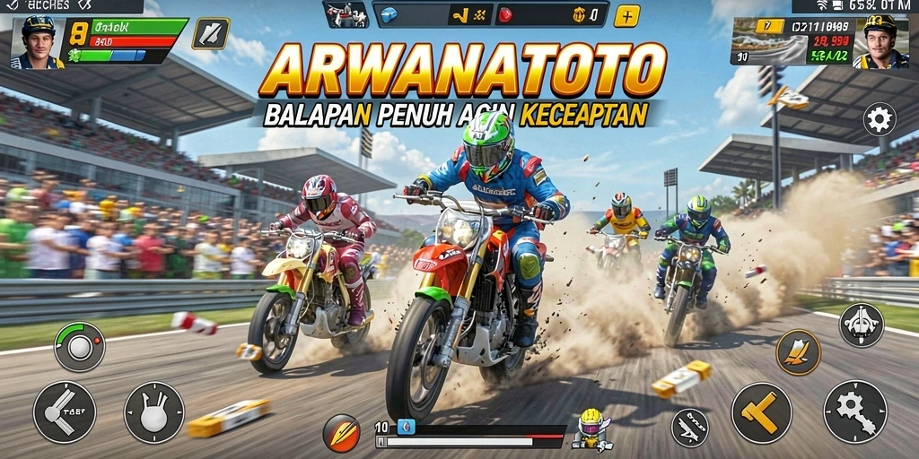 Screenshot menampilkan balapan mendebarkan di ARWANATOTO dengan mobil-mobil cepat.