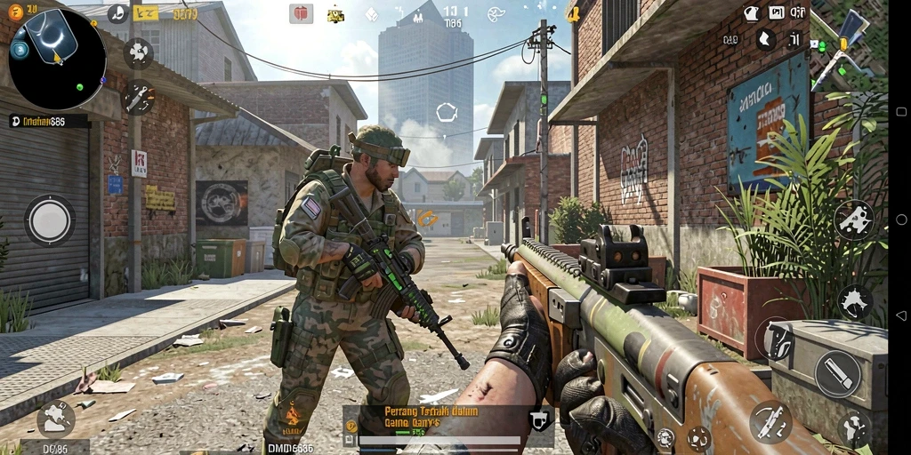 Screenshot menampilkan pertarungan intens dalam game FPS DMD686.
