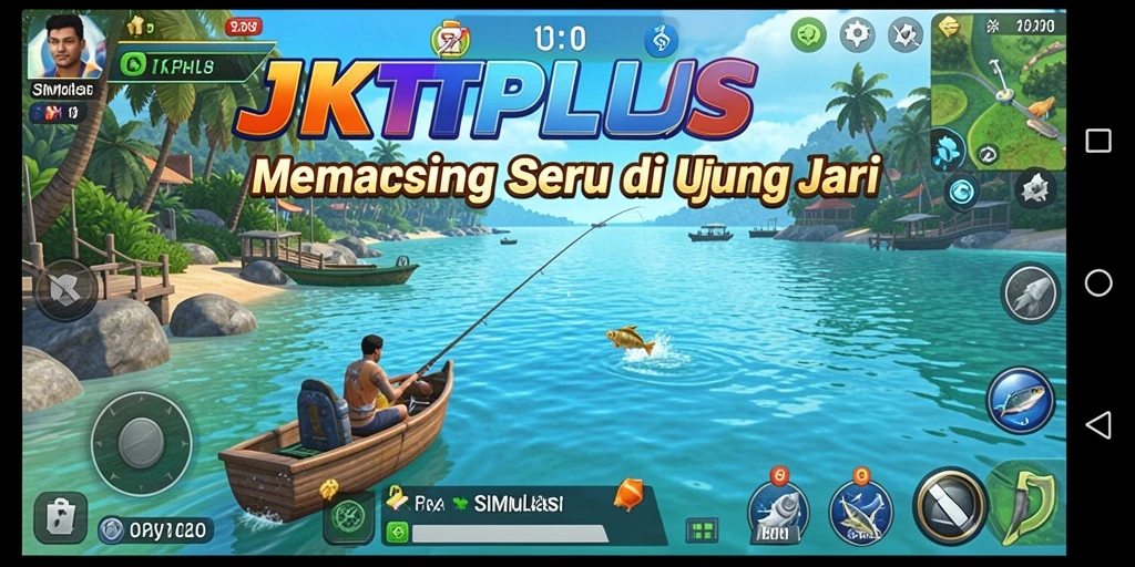 Tampilan gameplay JKTPLUS yang mengasyikkan saat memancing di danau.