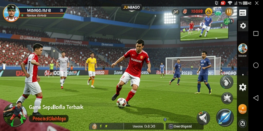 Tampilan gameplay JUARAGO dengan aksi sepak bola yang mendebarkan.