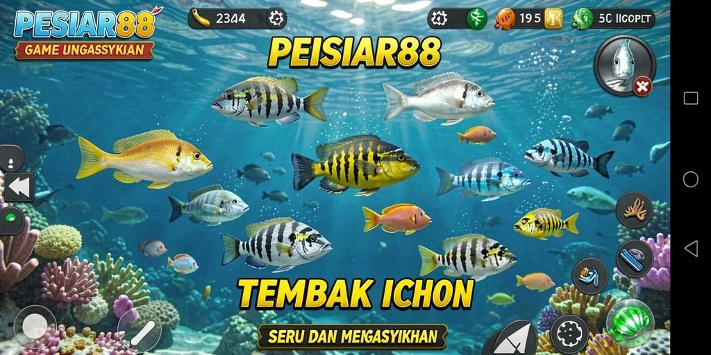 Tampilan gameplay PESIAR88 yang penuh warna dan seru saat menembak ikan.