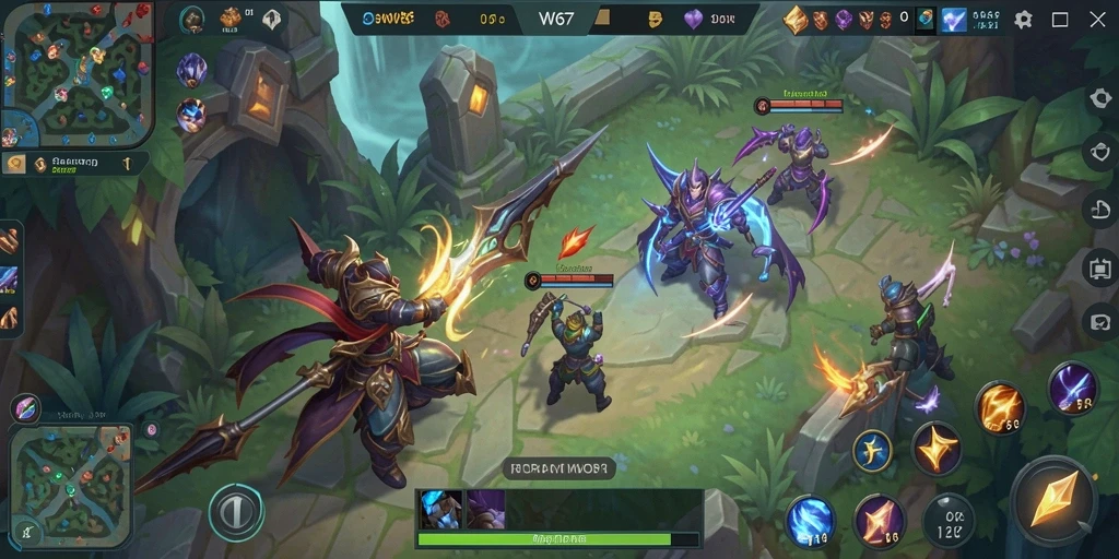 Screenshot gameplay W67 menampilkan aksi pertarungan tim MOBA yang seru.